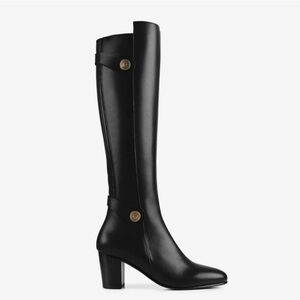 Women's Black Leather Knee-High Heeled Boots